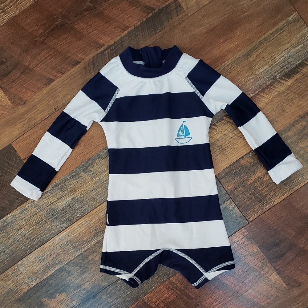 Upandfast Blue & White Striped Long Sleeve Swimsuit UPF 50+, Size 3-6M